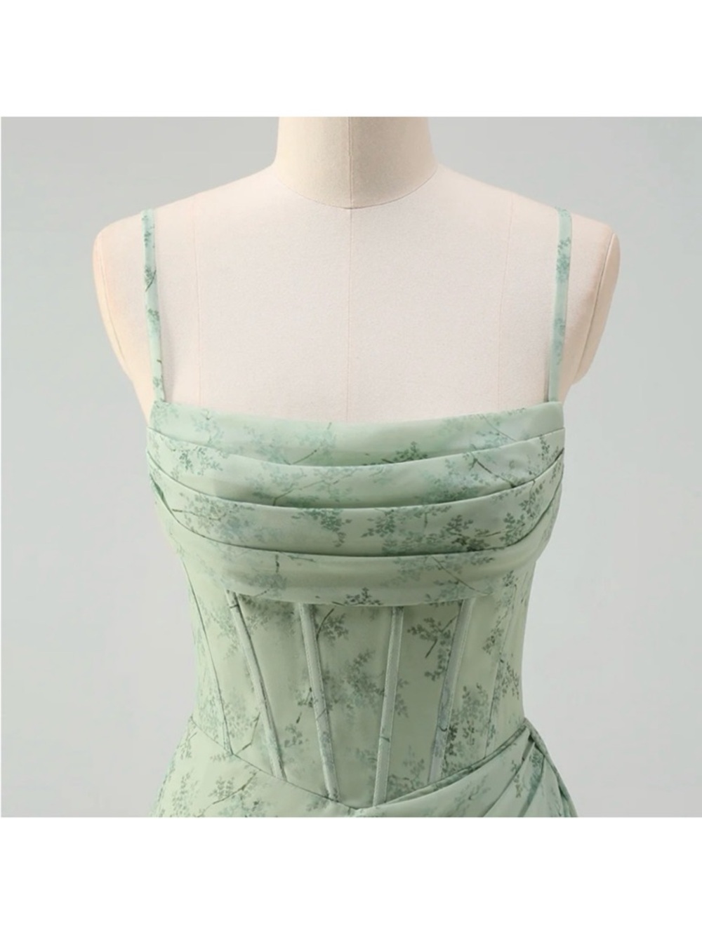 Soft Mint Floral Corset Maxi Dress with Spaghetti Straps